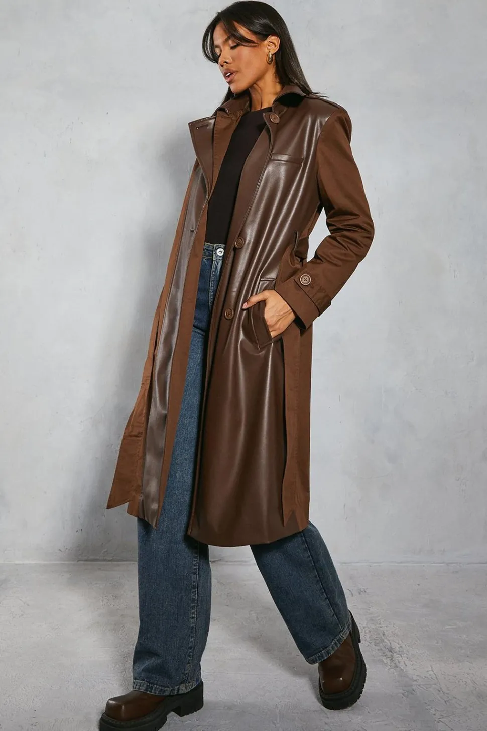 Contrast Woven Leather Look Panelled Trench Coat | Nasty Gal
