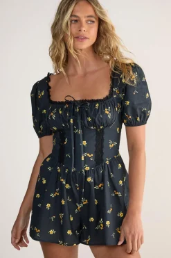 Cotton Ditsy Lace Trim Corset Puff Sleeve Romper | Nasty Gal