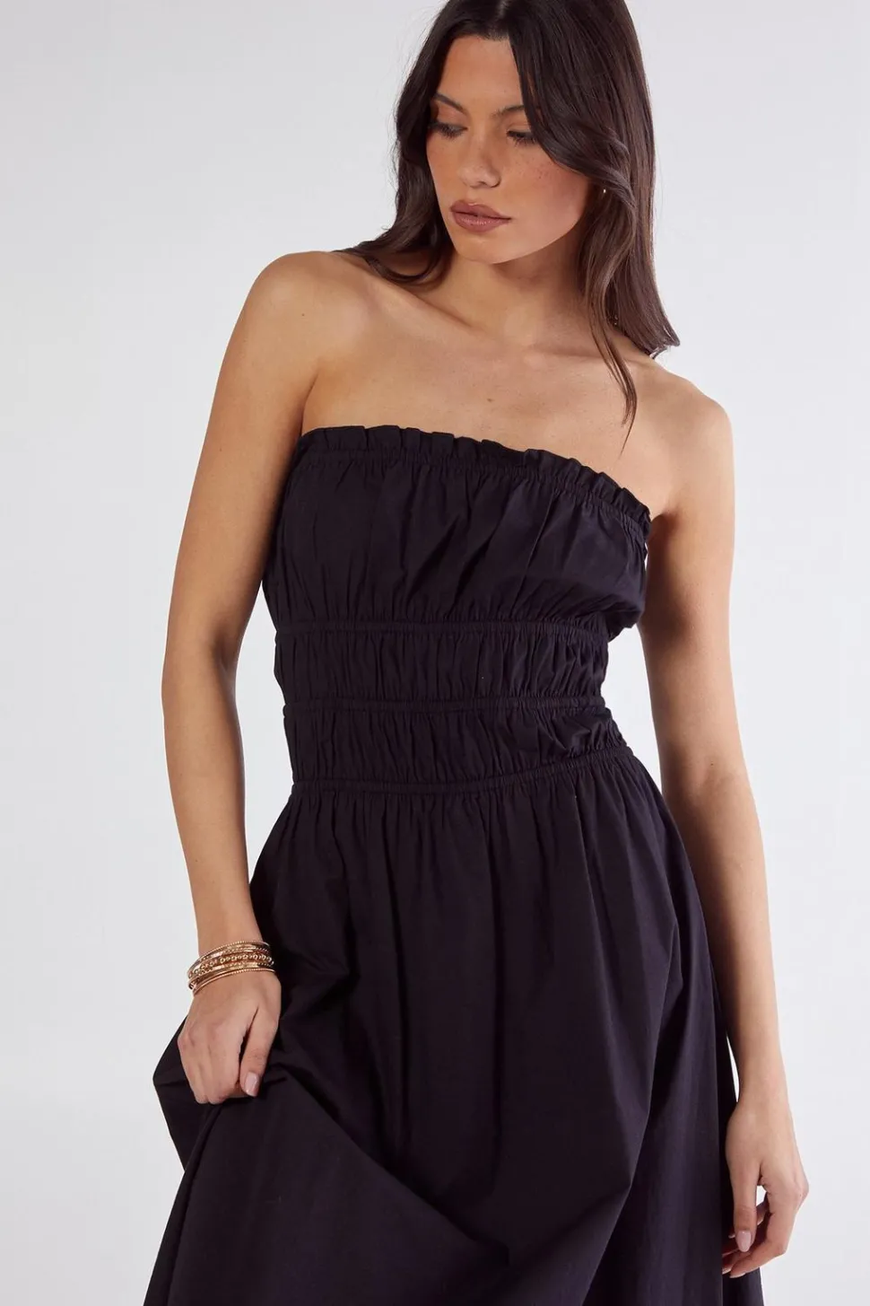 Cotton Poplin Bandeau Ruched Midi Dress | Nasty Gal