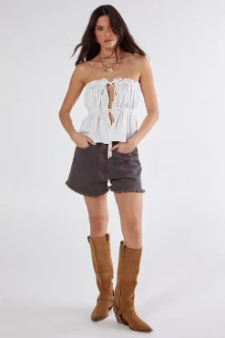 Cotton Poplin Bandeau Ruched Tie Front Top | Nasty Gal