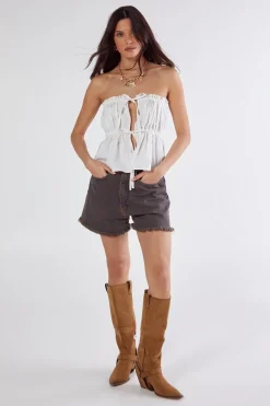 Cotton Poplin Bandeau Ruched Tie Front Top | Nasty Gal