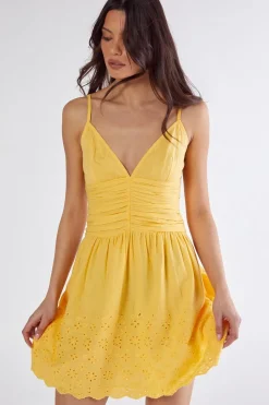 Cotton Ruched Button Broderie Hem Strappy Mini Dress | Nasty Gal