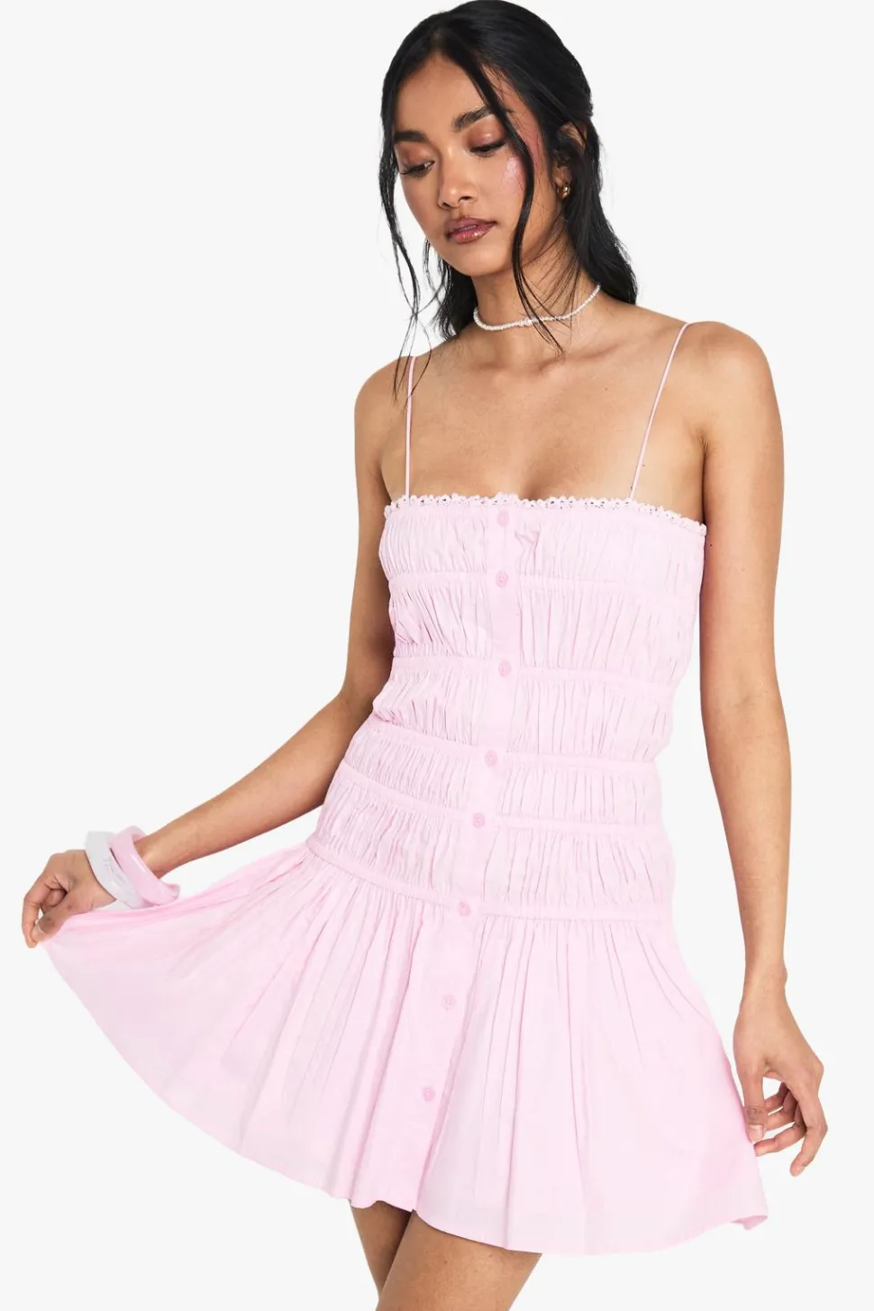 Cotton Shirred Bandeau Button Mini Dress | Nasty Gal