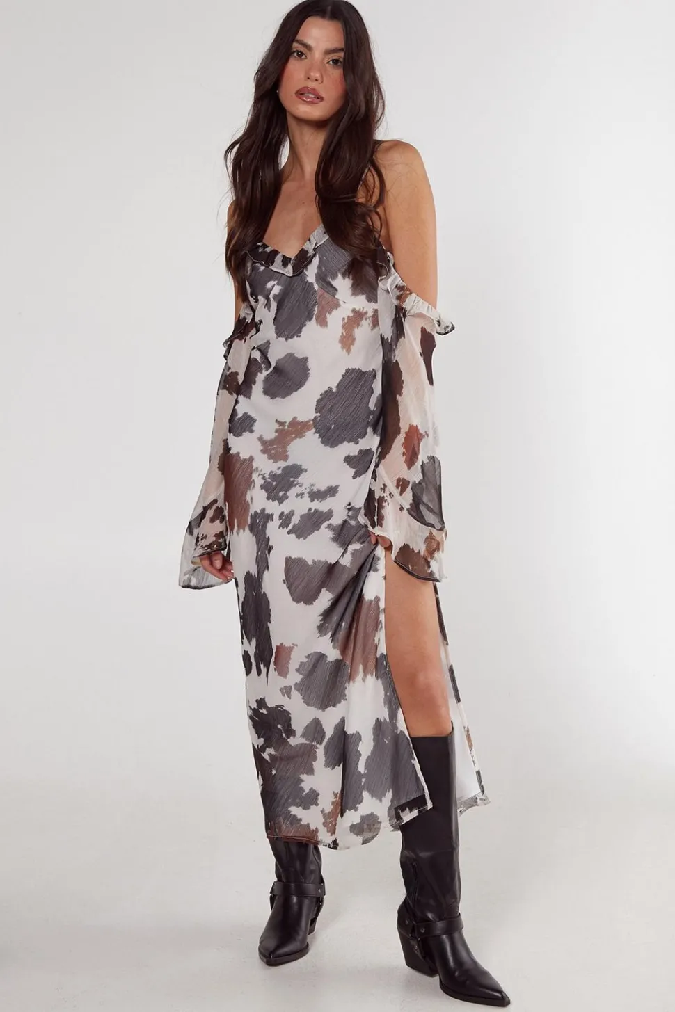 Cow Chiffon Cold Shoulder Bias Cut Split Maxi Dress | Nasty Gal
