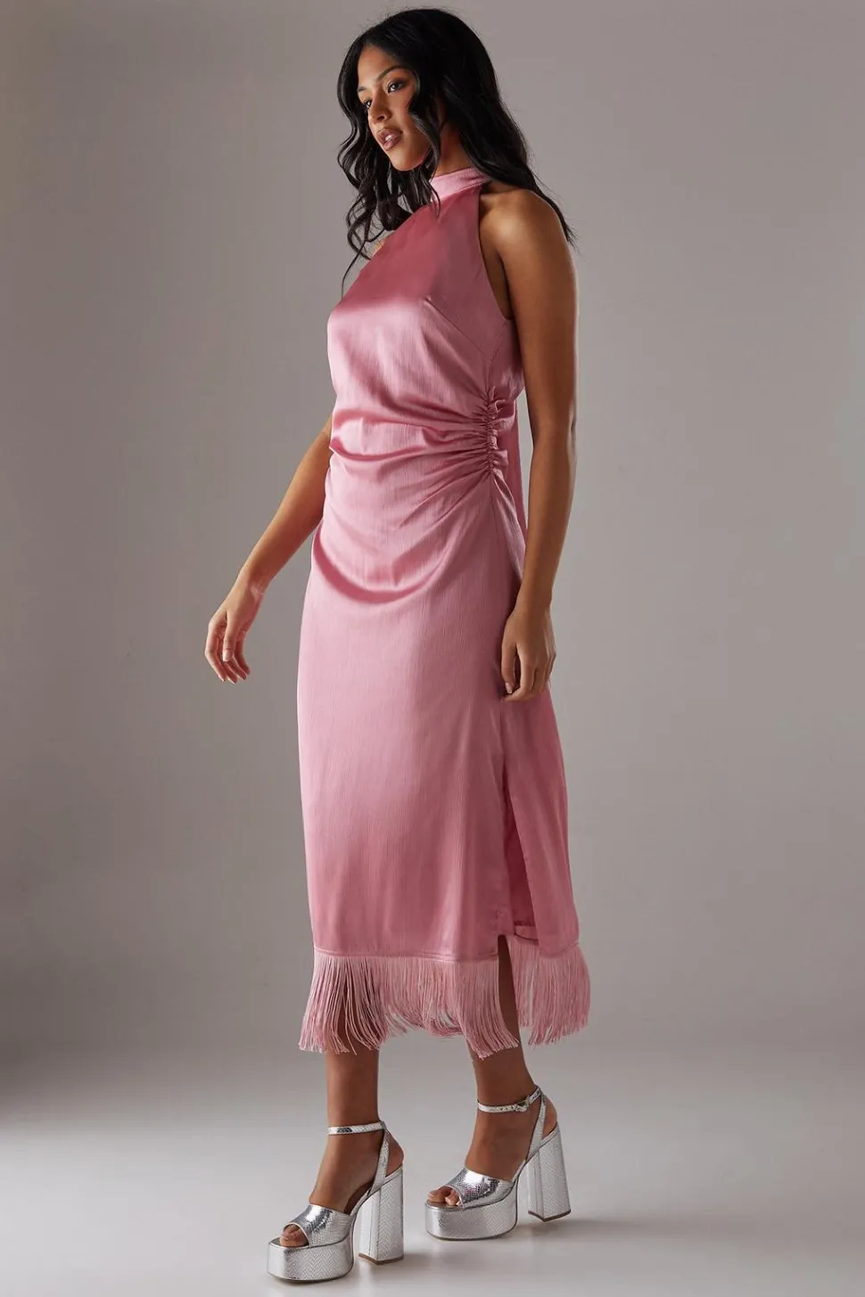 Crinkle Satin Halter Fringe Midi Dress | Nasty Gal