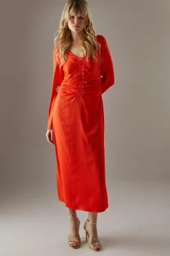 Crinkle Satin Ruched Front Column Midi Dress | Nasty Gal