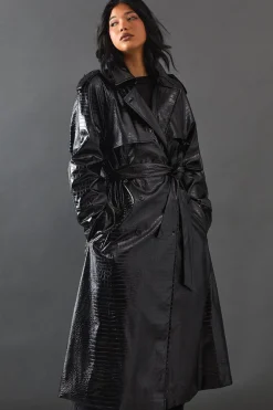 Croc Faux Leather Belted Trench Coat | Nasty Gal