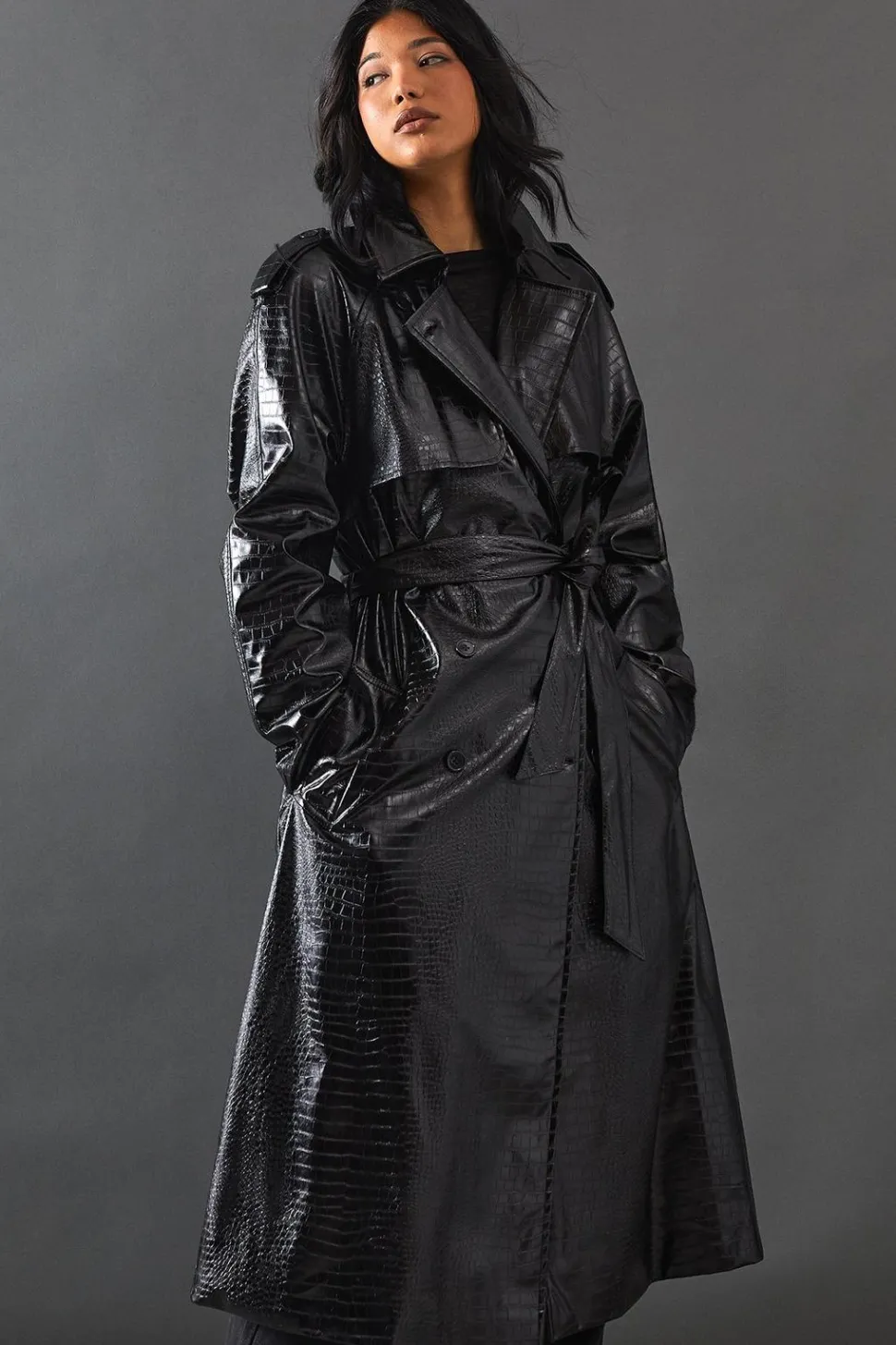 Croc Faux Leather Belted Trench Coat | Nasty Gal