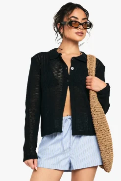 Crochet Knitted Button Through Collared Cardigan | Nasty Gal