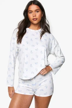 Croissant Print Soft Rib Long Sleeve T-Shirt & Boxer Shorts Pyjama Set | Nasty Gal