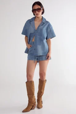 Denim Patchwork Contrast Stitch Resort Shirt | Nasty Gal