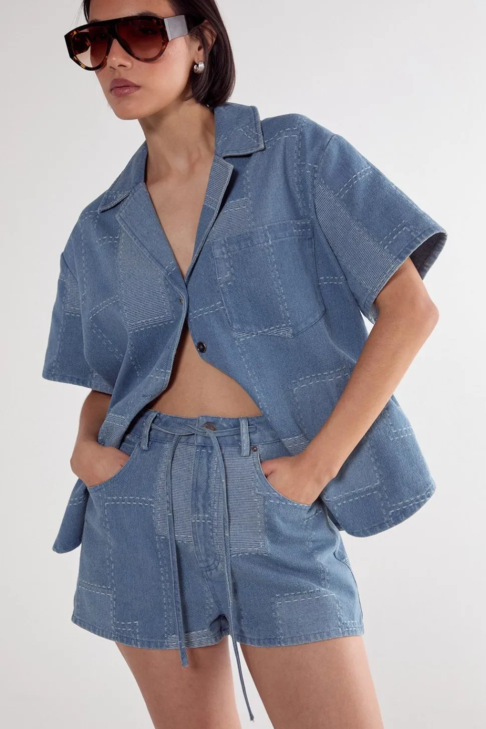 Denim Patchwork Contrast Stitch Tie Waist Shorts | Nasty Gal