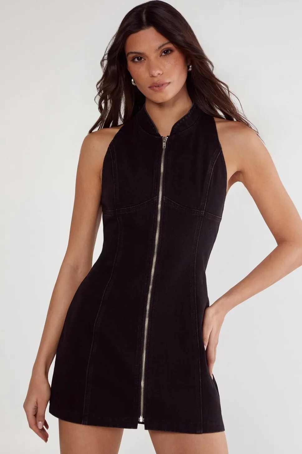 Denim Racer Neck Mini Dress | Nasty Gal