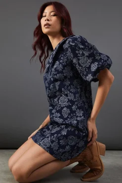Denim Rose Jacquard Pointed Collar Mini Dress | Nasty Gal