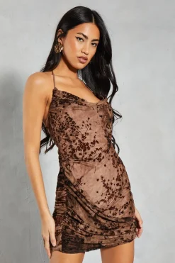 Devore Mesh Floral Halterneck Twist Detail Mini Dress | Nasty Gal