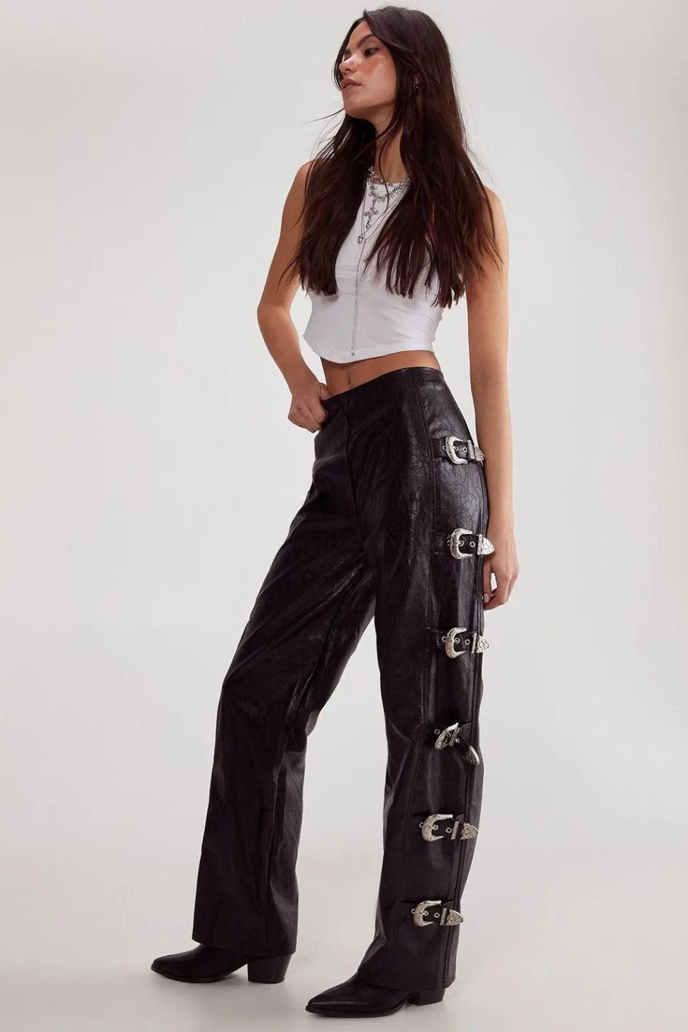 Distressed Faux Leather Buckle Detail Trouser | Nasty Gal