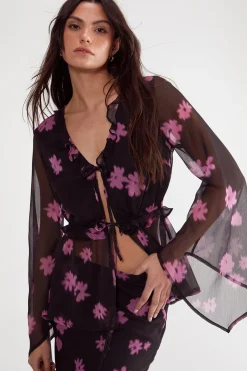 Ditsy Chiffon Ruffle Tie Front Fluted Sleeve Top | Nasty Gal