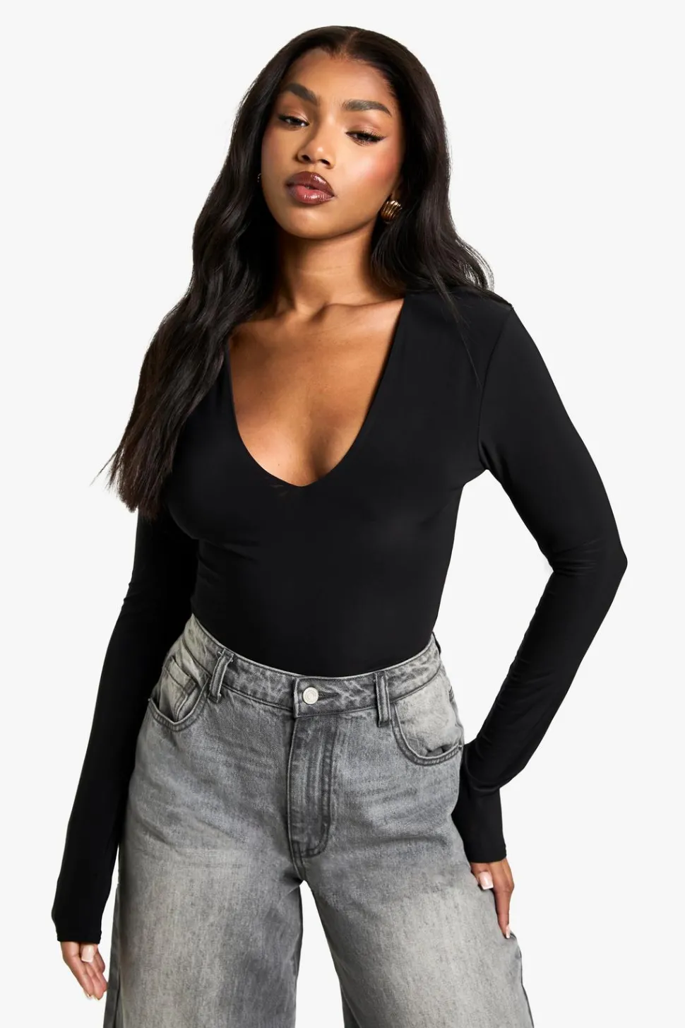 Double Layer Slinky Plunge Front Long Sleeve Bodysuit | Nasty Gal