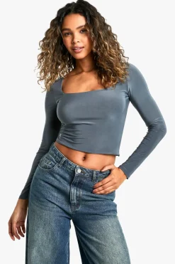 Double Layer Slinky Square Neck Long Sleeve Top | Nasty Gal