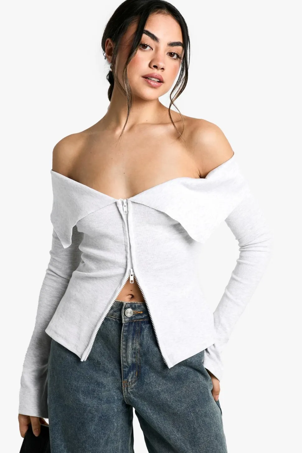Double Zip Bardot Rib Top | Nasty Gal