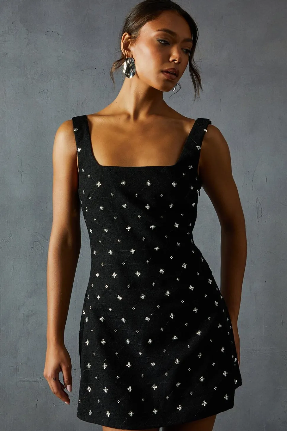 Embellished Tweed Square Neck A-line Mini Dress | Nasty Gal