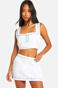 Embroidered Linen Look Crop Top & Mini Skirt Set | Nasty Gal