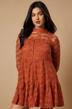 Embroidered Mesh High Neck Tier Smock Mini Dress | Nasty Gal