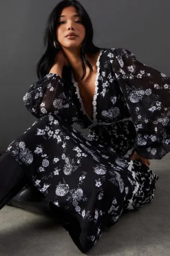 Embroidered Mixed Print Lace Trim Plunge Neck Midi Dress | Nasty Gal