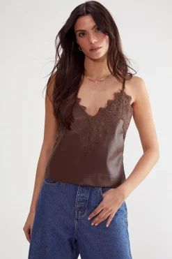 Eyelash Lace Trim Detail Faux Leather Cami Top | Nasty Gal