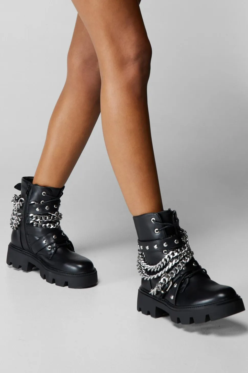 Faux Leather Chain Detail Biker Boots | Nasty Gal