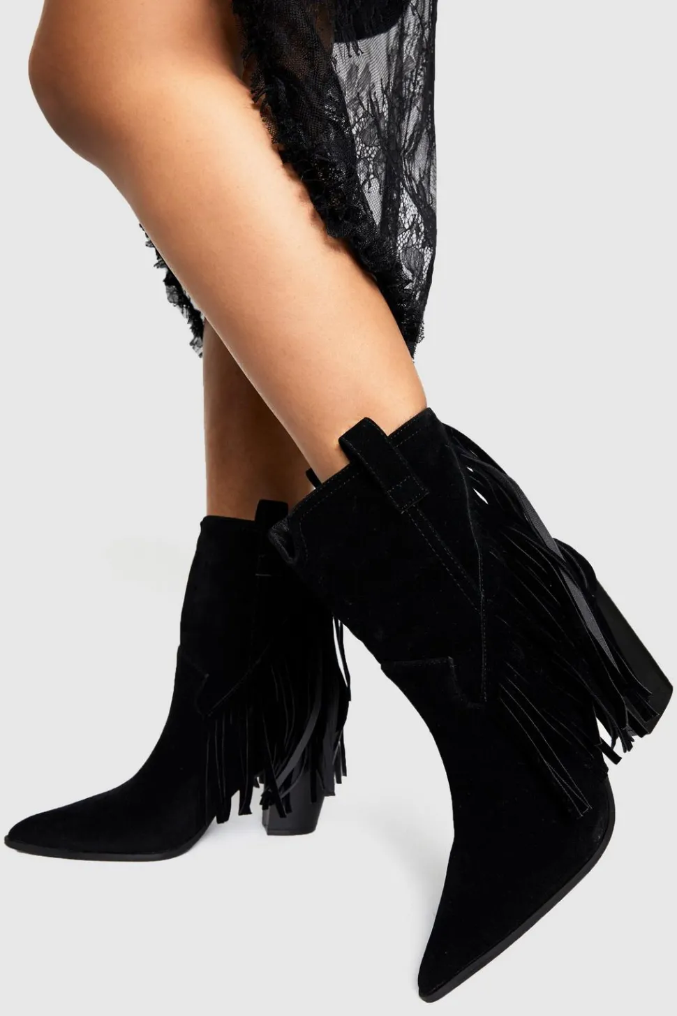 Faux Suede Fringe Tassel Detail Heeled Western Ankle Boots | Nasty Gal