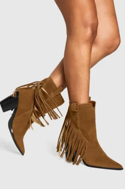 Faux Suede Fringe Tassel Detail Heeled Western Ankle Boot | Nasty Gal
