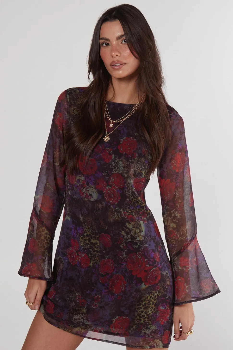 Floral Animal Chiffon Fluted Sleeve Tunic Dress | Nasty Gal