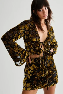 Floral Devore Ruched Channel Tie Front Floaty Sleeve Top | Nasty Gal
