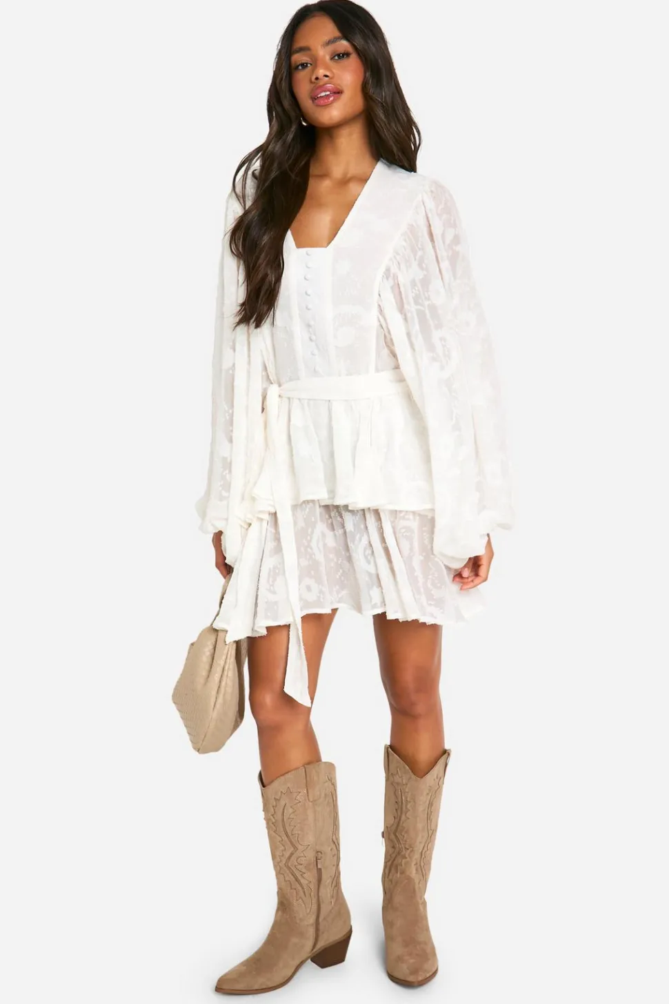 Floral Jacquard Tiered Belted Skater Dress | Nasty Gal