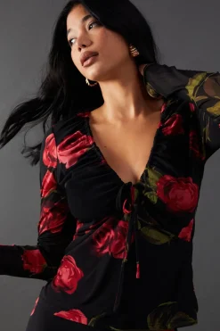 Floral Mesh Gathered Drawstring Fitted Top | Nasty Gal