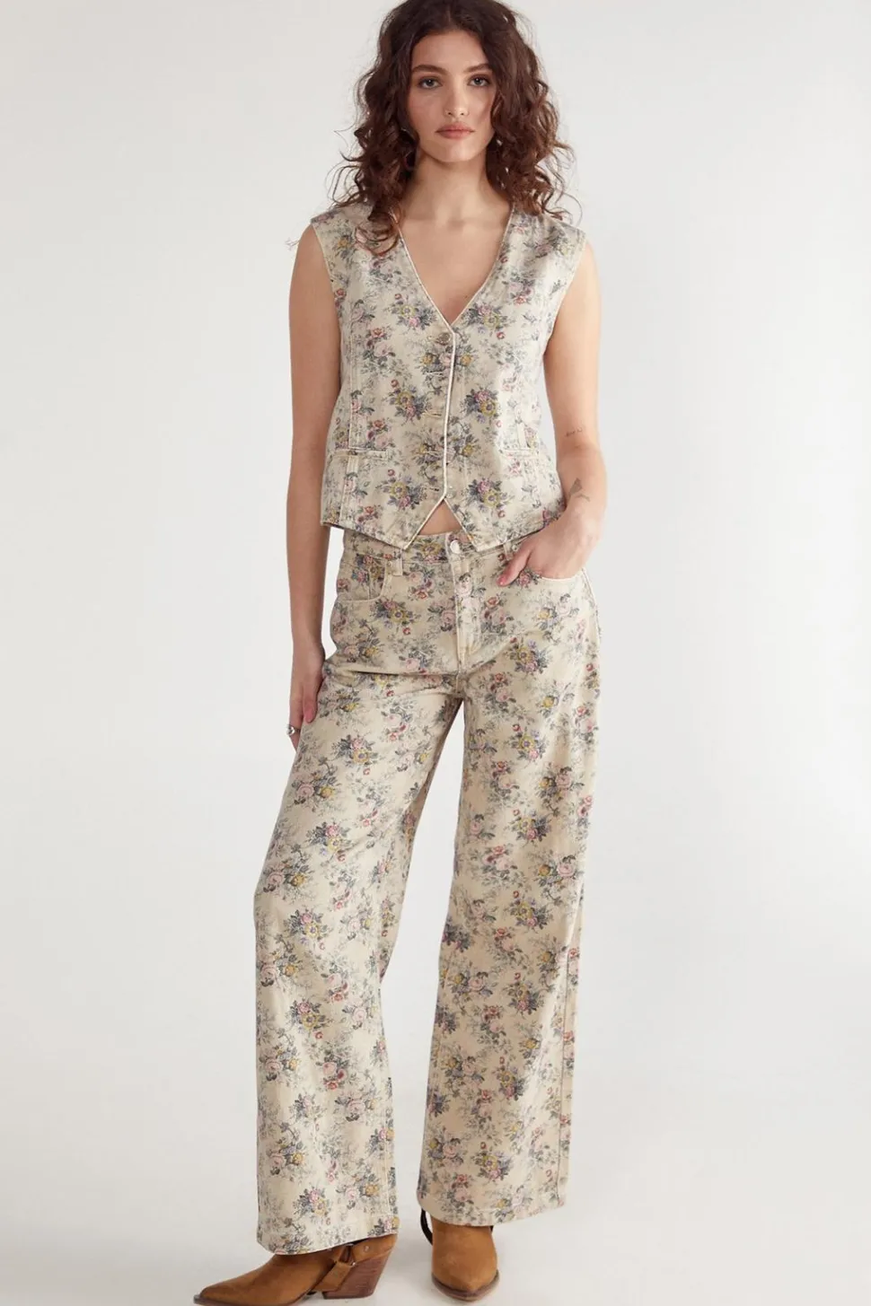 Floral Printed Denim Waistcoat | Nasty Gal