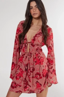 Floral Ruched Tie Front Fluted Sleeve Tunic Dress | Nasty Gal