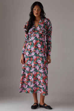 Floral Viscose V Neck Long Puff Sleeve Midi Dress | Nasty Gal