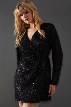 Fluffy Sequin Wrap Front Mini Dress | Nasty Gal