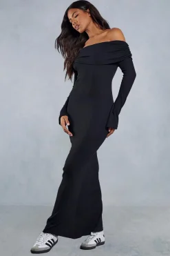 Fold Over Bardot Rib Maxi Dress | Nasty Gal