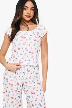 Fruit Print Button Detail Short Sleeve Top & Trousers Pyjama Set | Nasty Gal