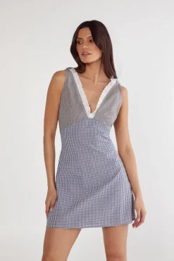 Gingham Mix Broderie Ruffle Plunge Mini Dress | Nasty Gal