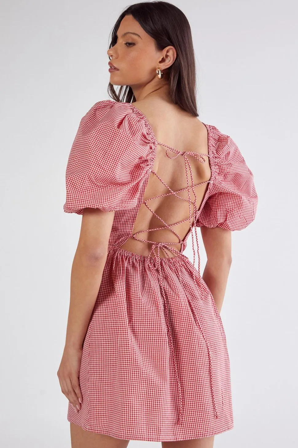 Gingham Puff Sleeve Tie Back Mini Dress | Nasty Gal