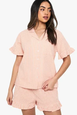 Gingham Ruffle Detail Short Sleeve Shirt & Shorts Pyjama Set | Nasty Gal