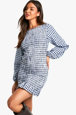 Gingham Shirred Long Sleeve Mini Dress | Nasty Gal