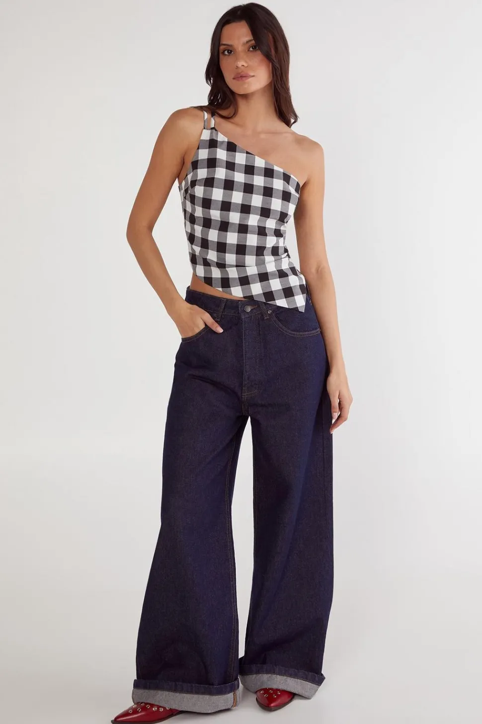 Gingham Tailored Asym Neck Top | Nasty Gal