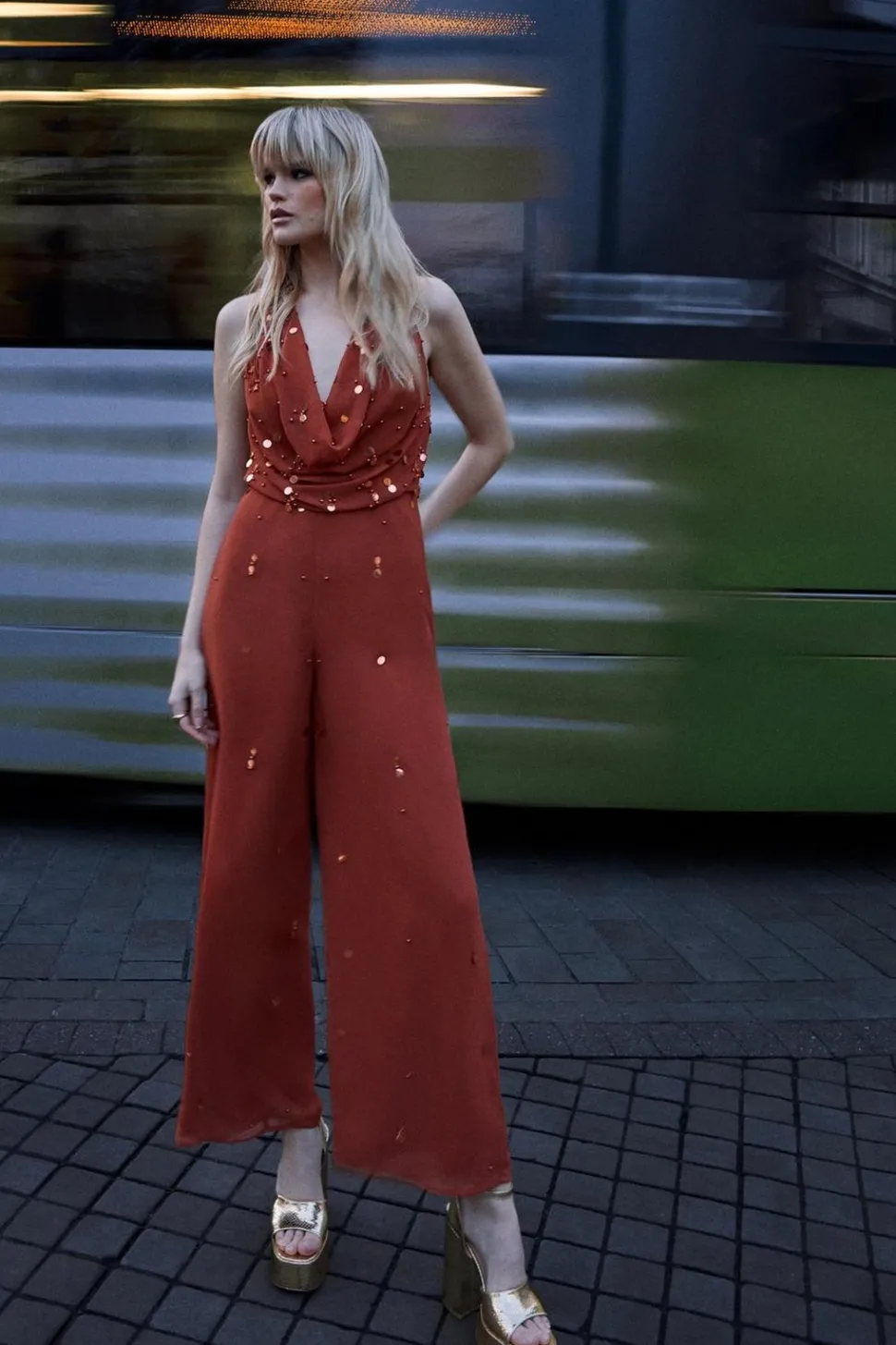 Hand Embellished Sequin Drop Bead Cowl Neck Jumpsuit | Nasty Gal