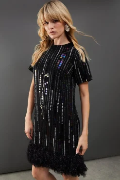 Hand Embellished Sequin Fluffy Hem Tshirt Mini Dress | Nasty Gal