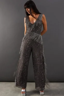 Hand Embellished Sequin Plunge Neck Fringe Jumpsuit | Nasty Gal